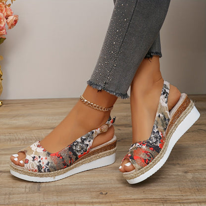 Flora - sandali alla moda e comodi con zeppa, con un affascinante motivo floreale per donne