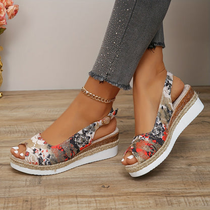 Flora - sandali alla moda e comodi con zeppa, con un affascinante motivo floreale per donne