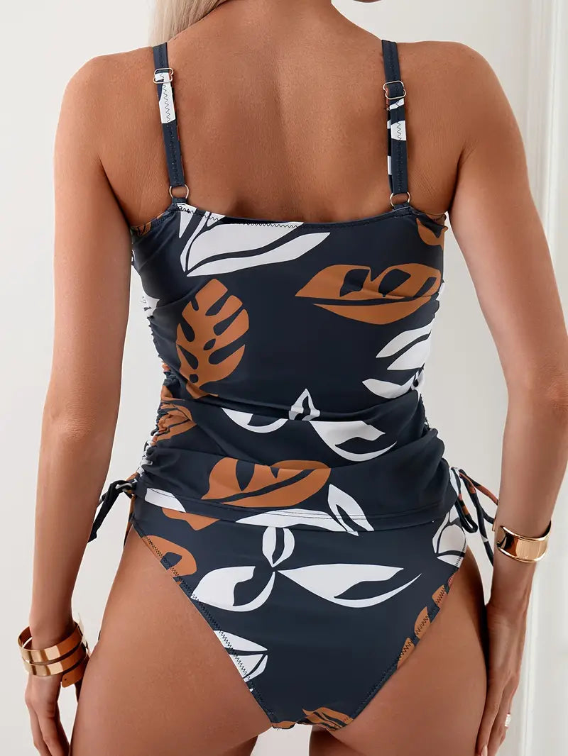 Tankini Venere - Top Bikini e Slip con Stampa Fogliare Estiva Elegante