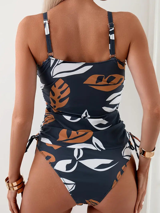 Tankini Venere - Top Bikini e Slip con Stampa Fogliare Estiva Elegante