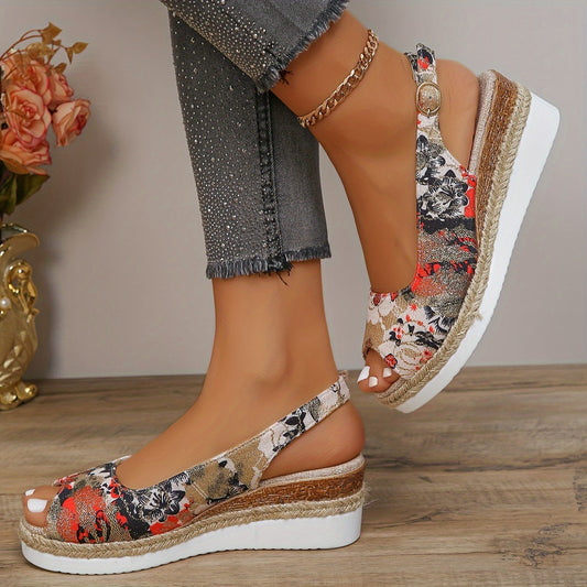 Flora - sandali alla moda e comodi con zeppa, con un affascinante motivo floreale per donne
