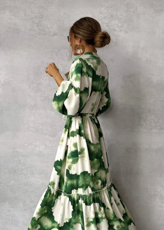 Elna Abito Lungo Verde - Maniche Corte - Scollo a V