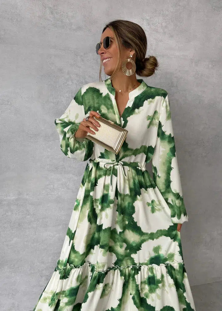 Elna Abito Lungo Verde - Maniche Corte - Scollo a V