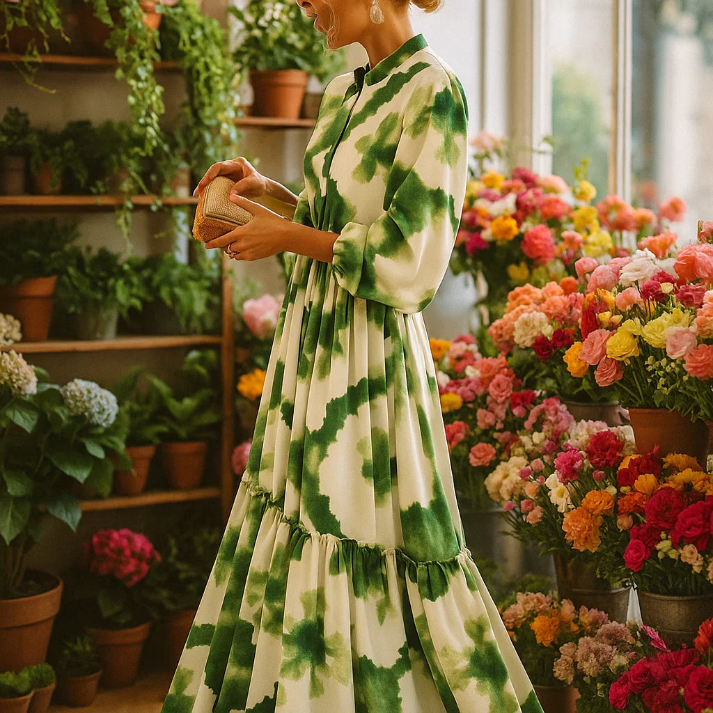 Elna – Abito Lungo Verde con Scollo a V