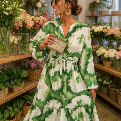 Elna – Abito Lungo Verde con Scollo a V