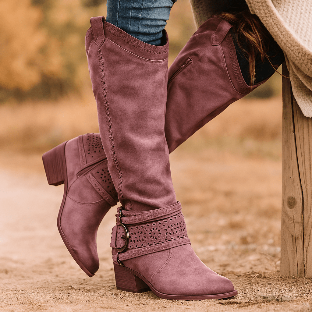 Stivaletti Donna Scamosciati - Stivali Ricamati - Fibbia Decorativa