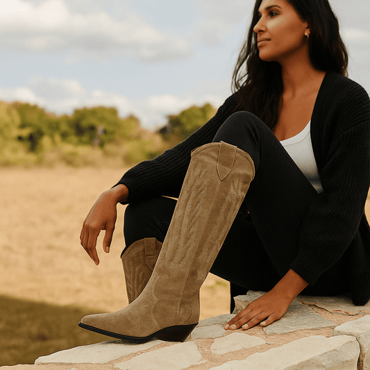 Stivali Cowboy Alti Ricamati Camoscio - Celeste - Comfort Elegante