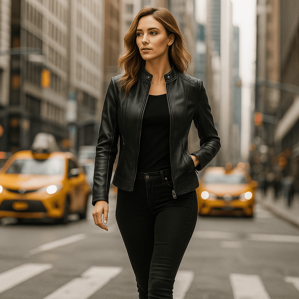 Giacca in Pelle Donna - Design Elegante - Collo Mao - Comfort