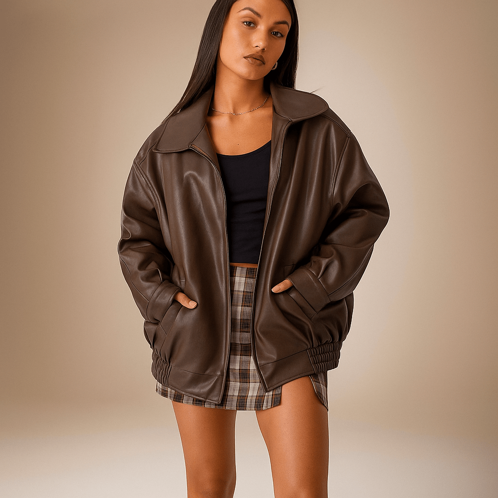 Giacca Pelle Donna - Taglio Lungo - Fino ai Fianchi - Zip Frontale