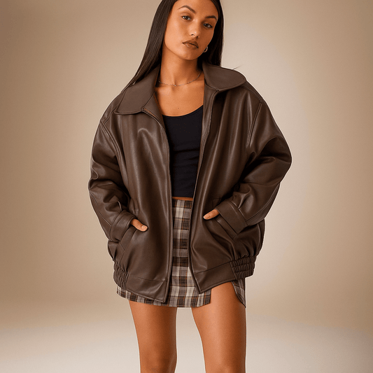 Giacca Pelle Donna - Taglio Lungo - Fino ai Fianchi - Zip Frontale