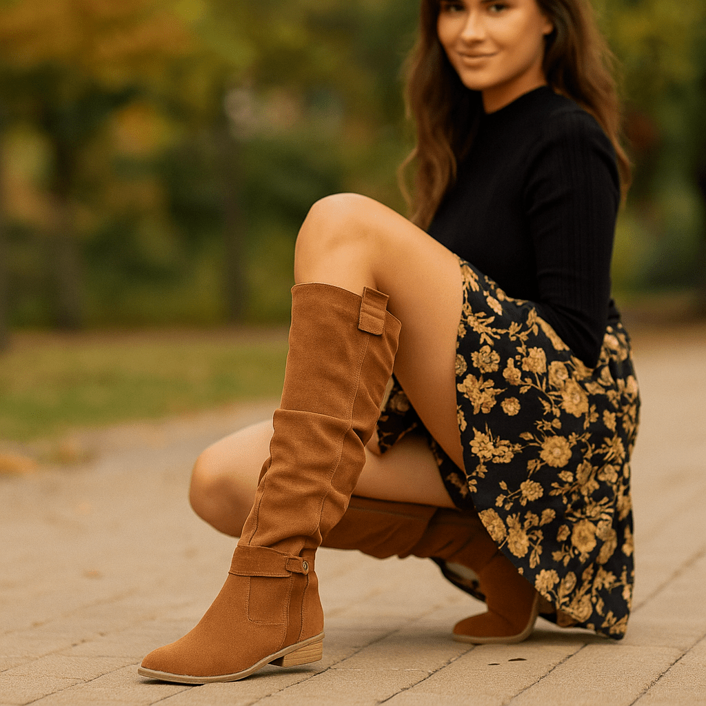 Stivali Donna Camoscio - Tacco Basso - Punta Rotonda - Chiusura Laterale - Fibbia