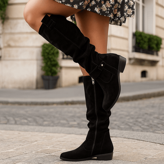 Stivali Donna Camoscio - Tacco Basso - Punta Rotonda - Chiusura Laterale - Fibbia