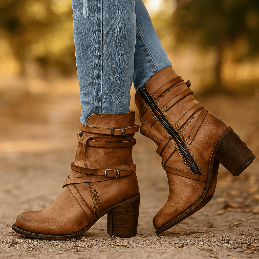 Stivaletti Pelle Donna - Effetto Usurato - Chiusura Laterale - Tacco Chunky