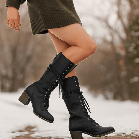 Stivali in Pelle Donna - Lacci - Tacco Chunky - Zip Luo