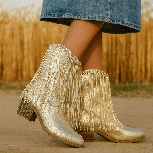 Stivaletti Femminili al Polpaccio - Punta a Punta - Tacco Grosso - Paillettes-Frange