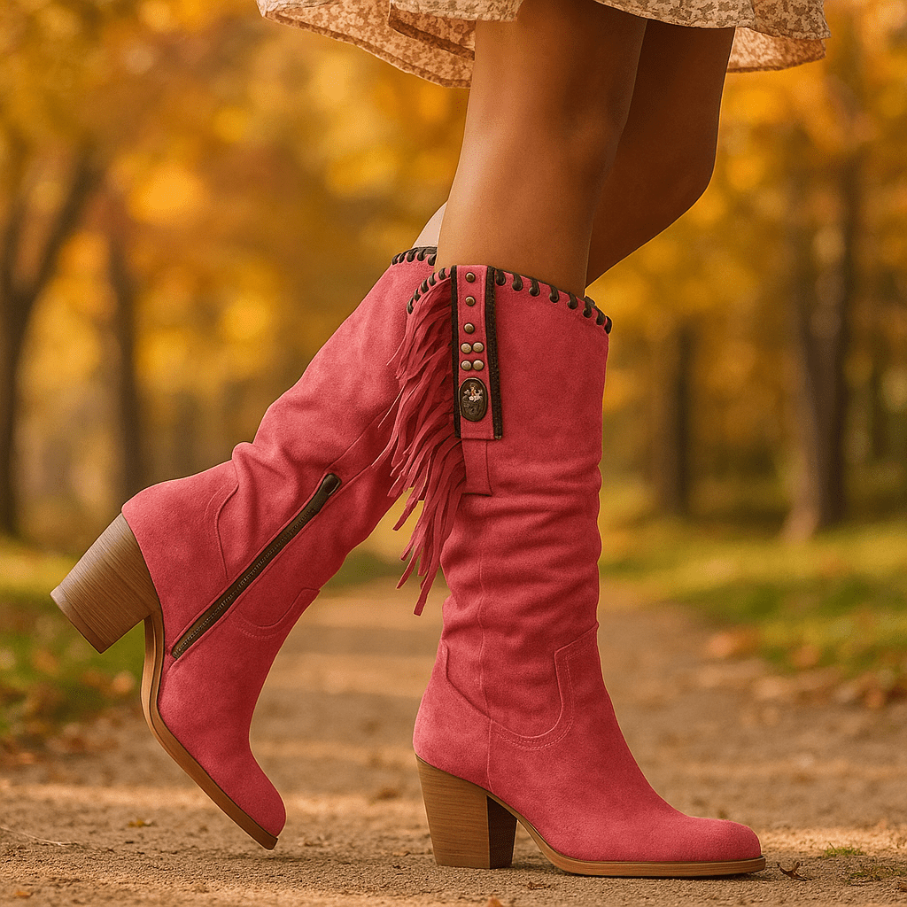 Stivaletti Donna Camoscio Polpaccio - Frange - Tacco a Colonna - Western Boho