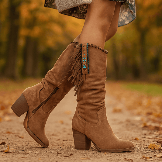 Stivaletti Donna Camoscio Polpaccio - Frange - Tacco a Colonna - Western Boho
