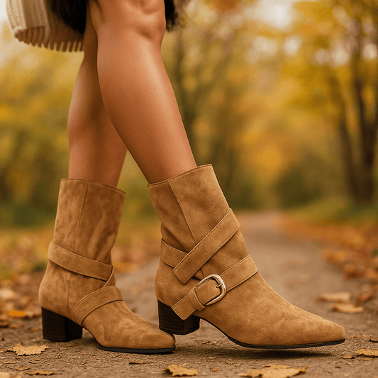 Stivaletti femminili camoscio - punta azzurra - cinturino - tacco basso