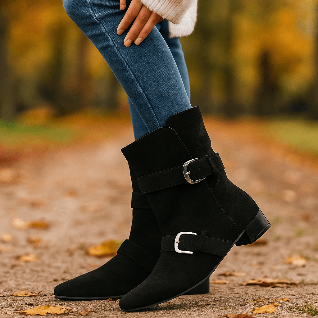 Stivaletti femminili camoscio - punta azzurra - cinturino - tacco basso