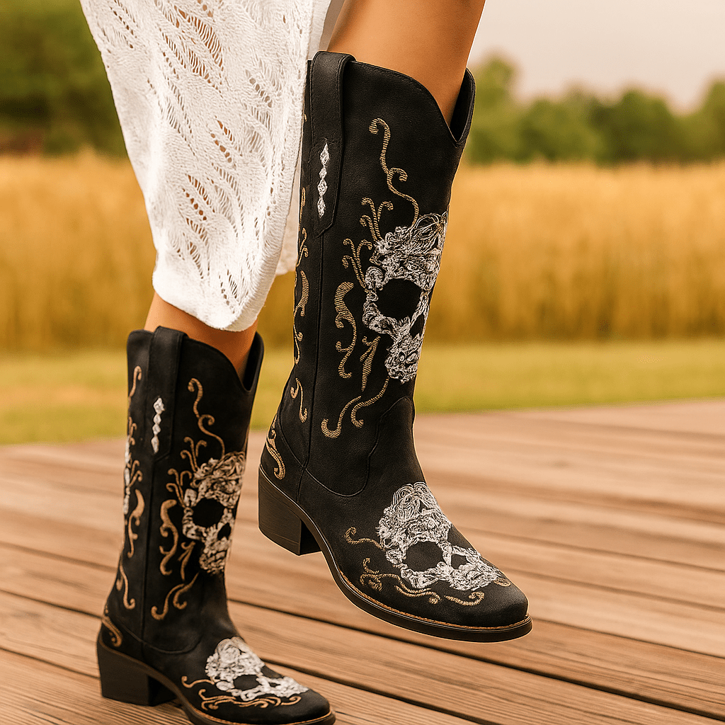 Stivaletti Cowboy Femminili - Teschio Ricamato - Tacco Alto - Punta Affilata