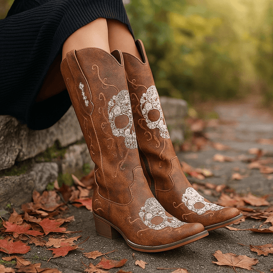 Stivaletti Cowboy Femminili - Teschio Ricamato - Tacco Alto - Punta Affilata
