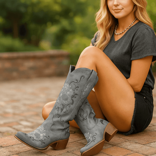 Stivaletti Cowboy Femminili - Teschio Ricamato - Tacco Alto - Punta Affilata