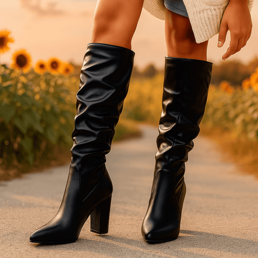 Stivali Donna Pelle - Punta Stretta - Gambale Plissettato - Tacco Colonna