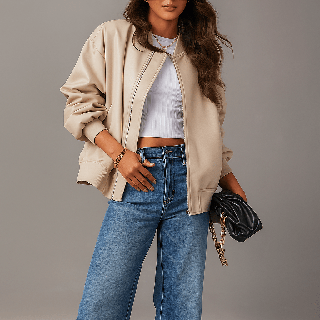 Giacca Pelle Oversized Donna - Zip Lampo - Bordo Rigido - Lunghezza Fianchi