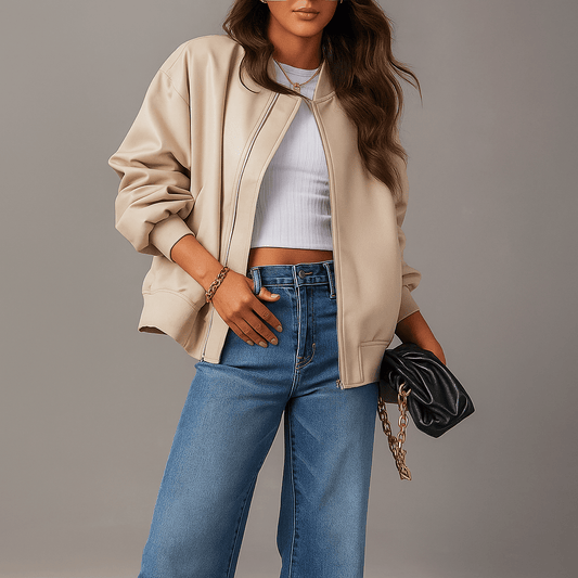 Giacca Pelle Oversized Donna - Zip Lampo - Bordo Rigido - Lunghezza Fianchi