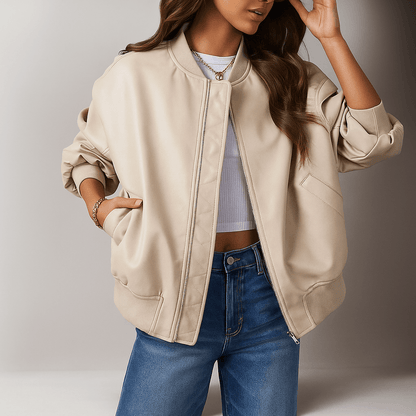 Giacca Pelle Oversized Donna - Zip Lampo - Bordo Rigido - Lunghezza Fianchi