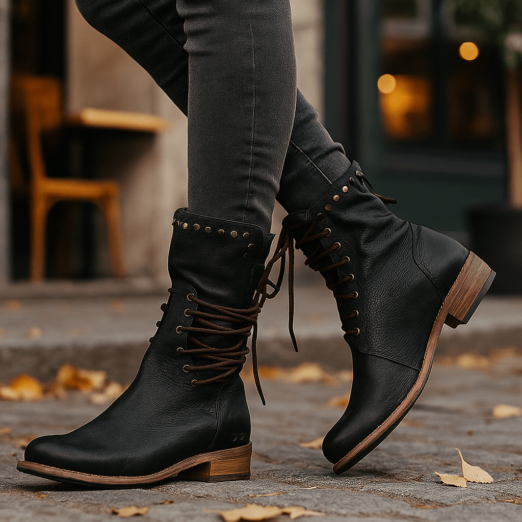 Stivaletti Pelle Donna Mid-Calf - Lacci - Borchie Metalliche - Tacco Basso