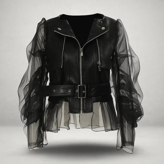 Giacca Donna Pelle Sintetica - Maniche Trasparenti Arricciate - Cintura - Zip