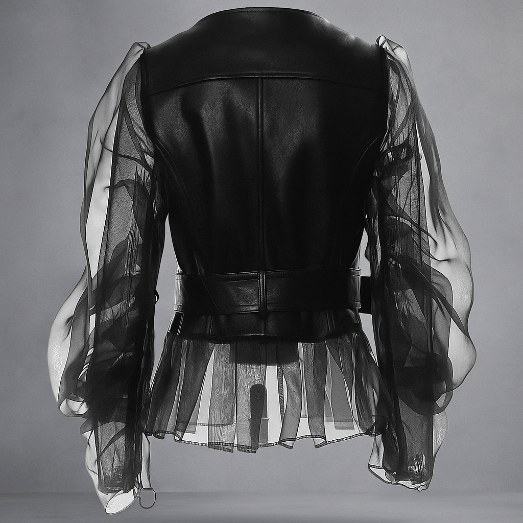 Giacca Donna Pelle Sintetica - Maniche Trasparenti Arricciate - Cintura - Zip