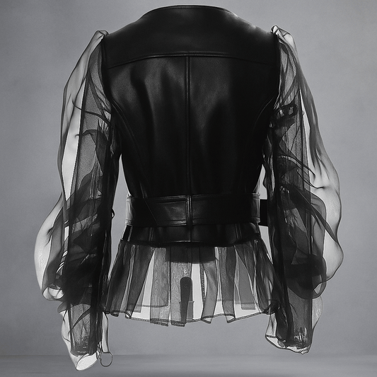 Giacca Donna Pelle Sintetica - Maniche Trasparenti Arricciate - Cintura - Zip