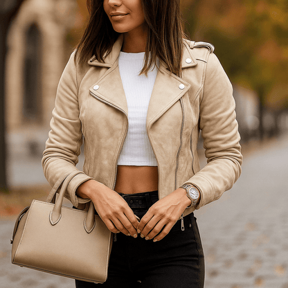 Giacca da moto donna slim fit corta - zip asimmetrica