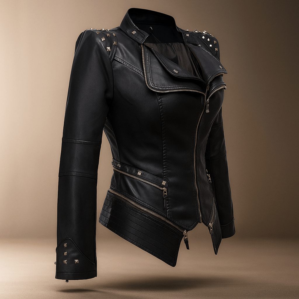 Giacca Pelle Donna - Biker Attillata - Collo Chiodato - Polsini con Cerniera