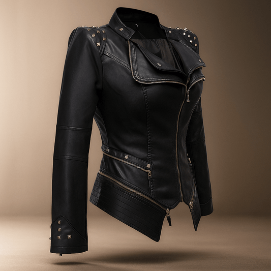 Giacca Pelle Donna - Biker Attillata - Collo Chiodato - Polsini con Cerniera